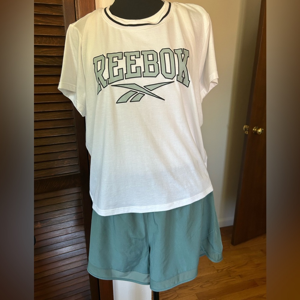 Reebok White Logo T-Shirt Size XL and RBX Athletic Shorts in Sage Green Size L